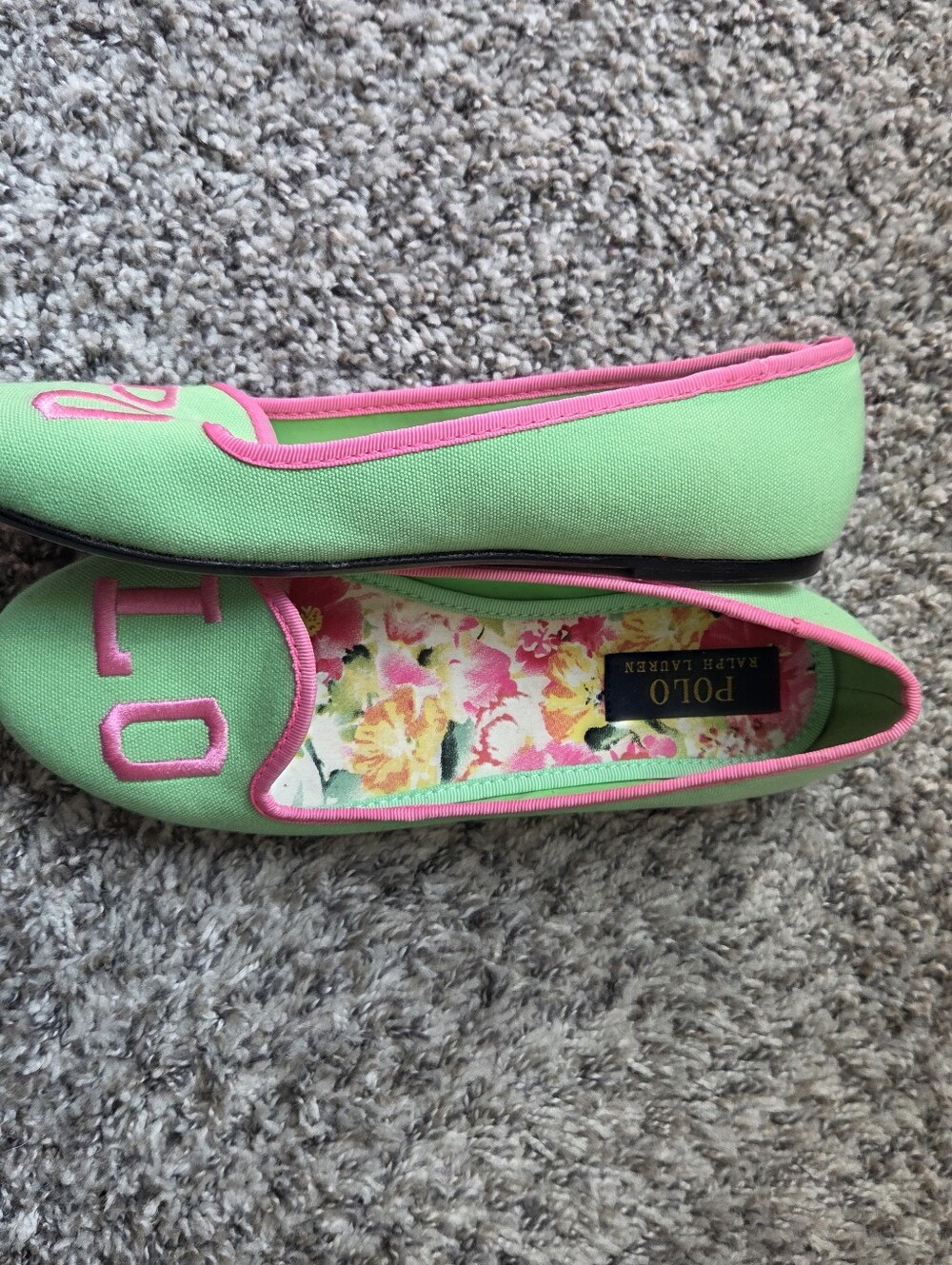 Polo Ralph Lauren Pink and Green Embroidered Jayde Girls Flats - Picture 2 of 6